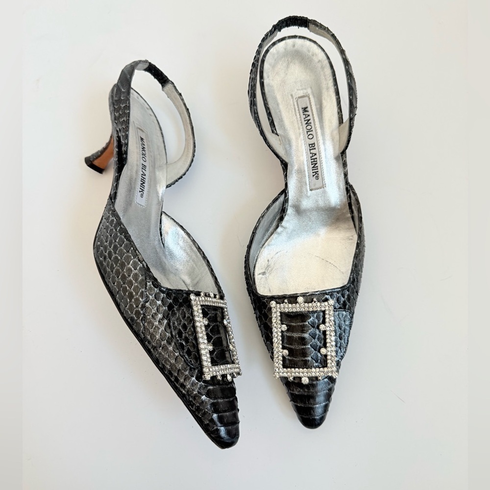 Manolo Blahnik Black Grey Snakeskin Crystal Buckle sling back  Kitten Heels EU39